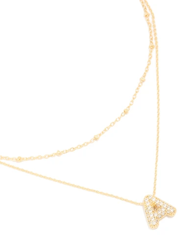 Gold Plated Cubic Zirconia Pave Bubble Letter A Layered Necklace