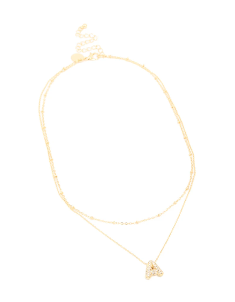 Gold Plated Cubic Zirconia Pave Bubble Letter A Layered Necklace