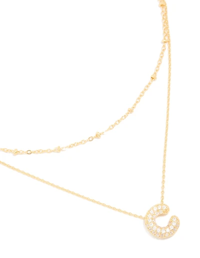 Gold Plated Cubic Zirconia Pave Bubble Letter C Layered Necklace
