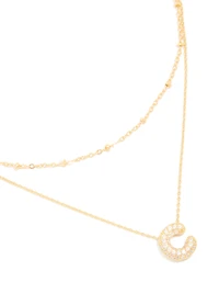 Gold Plated Cubic Zirconia Pave Bubble Letter C Layered Necklace