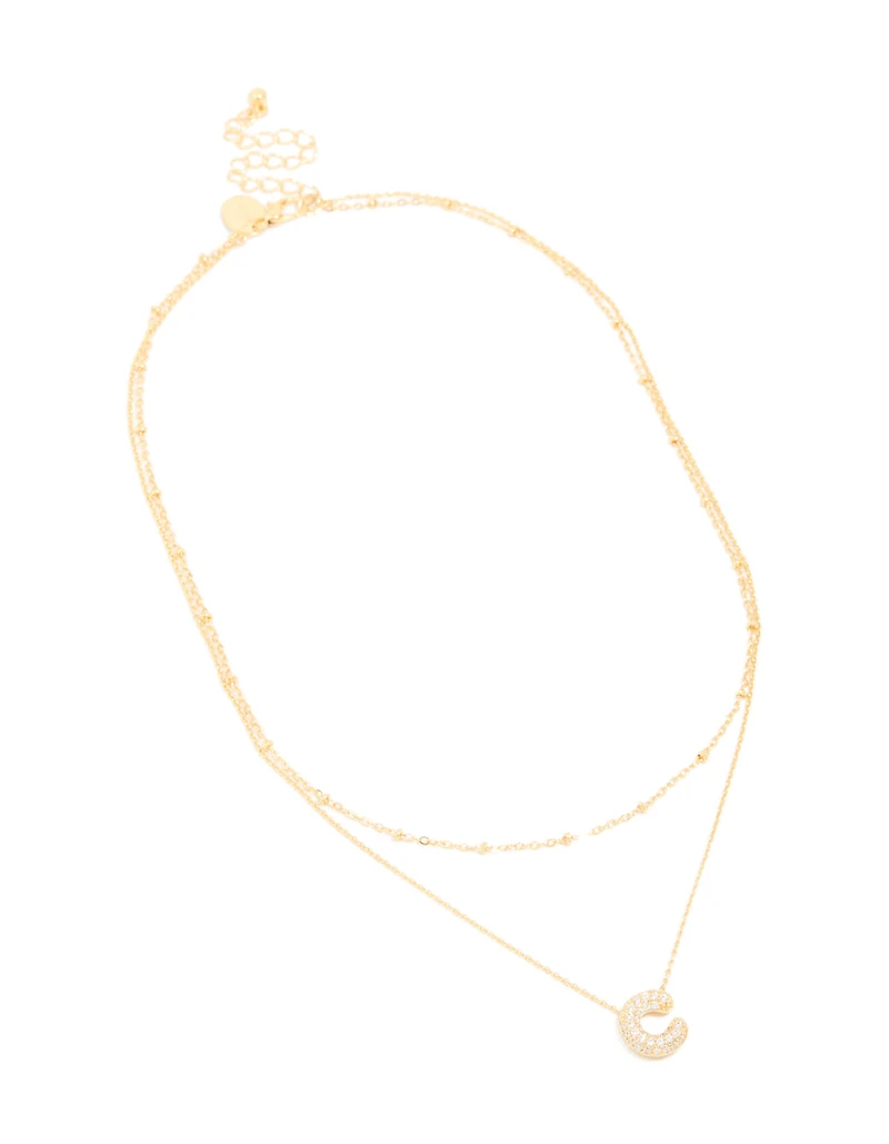 Gold Plated Cubic Zirconia Pave Bubble Letter C Layered Necklace