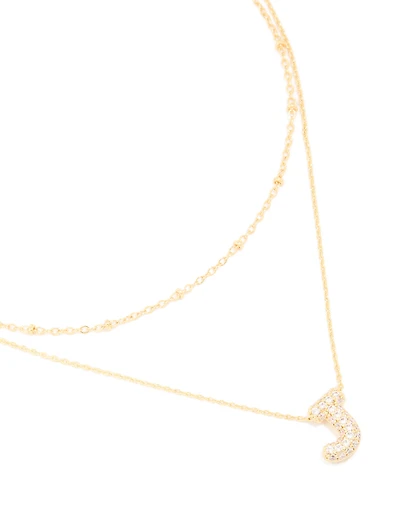 Gold Plated Cubic Zirconia Pave Bubble Letter J Layered Necklace