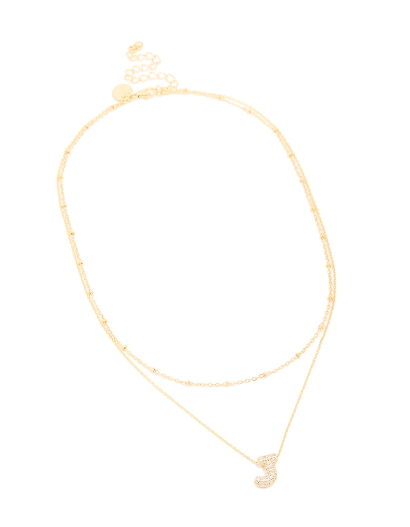 Gold Plated Cubic Zirconia Pave Bubble Letter J Layered Necklace