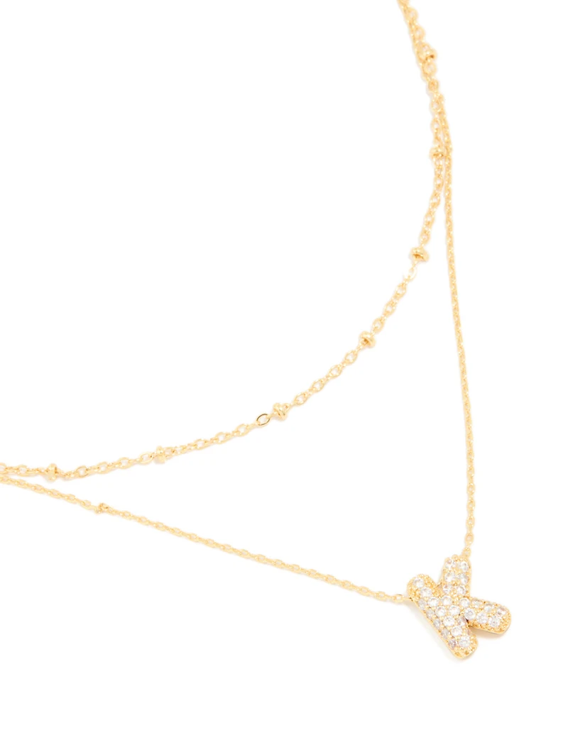 Gold Plated Brass Cubic Zirconia Pave Bubble Letter K Layered Necklace