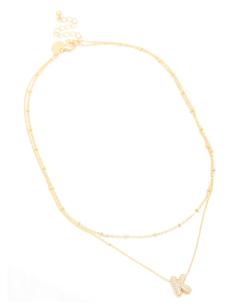 Gold Plated Brass Cubic Zirconia Pave Bubble Letter K Layered Necklace
