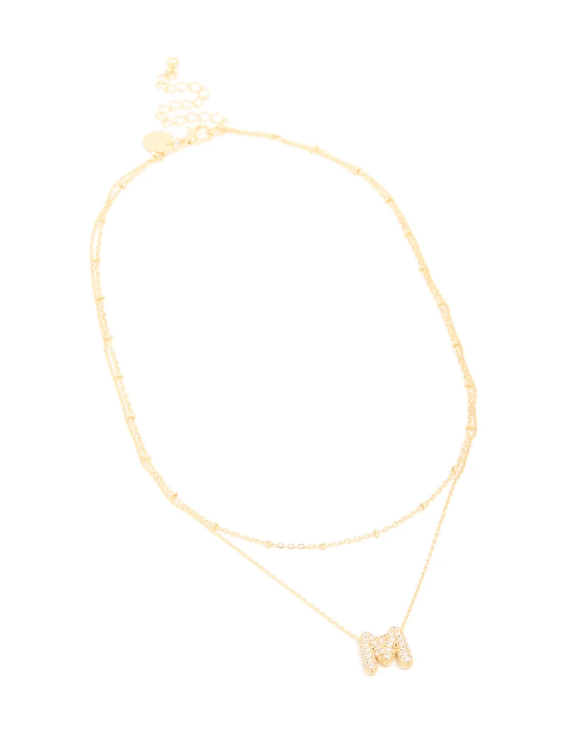 Gold Plated Cubic Zirconia Pave Bubble Letter M Layered Necklace