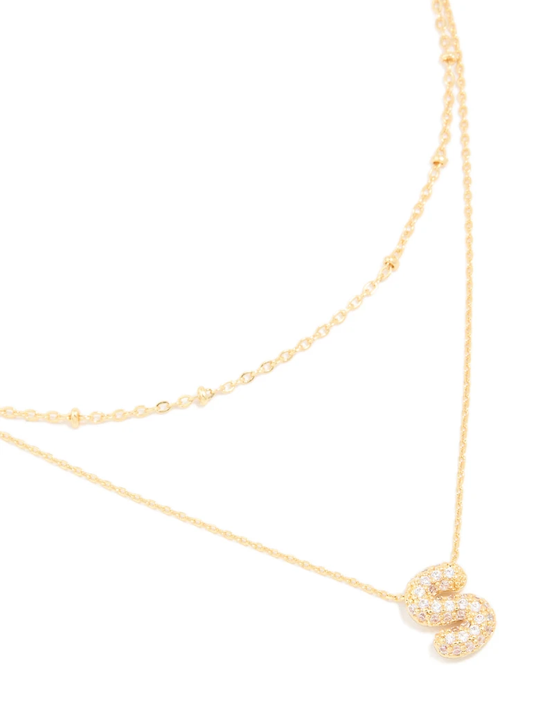Gold Plated Cubic Zirconia Pave Bubble Letter S Layered Necklace