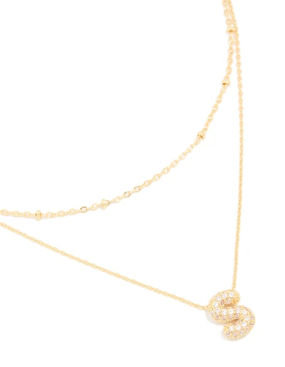 Gold Plated Cubic Zirconia Pave Bubble Letter S Layered Necklace