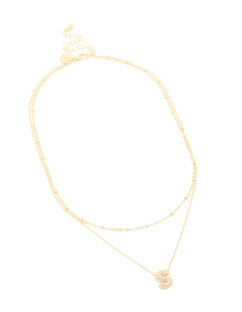 Gold Plated Cubic Zirconia Pave Bubble Letter S Layered Necklace