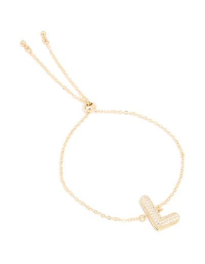 Gold Plated Cubic Zirconia Pave Bubble Letter L Toggle Bracelet