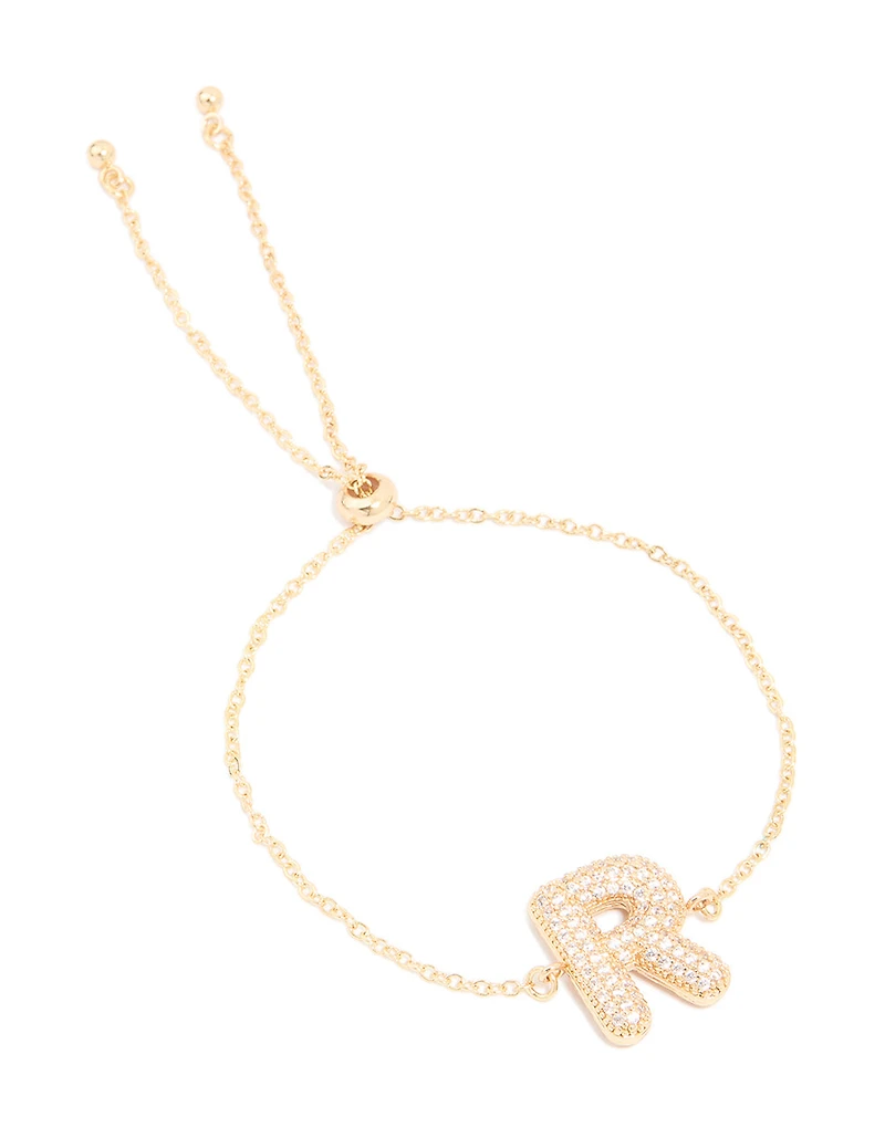 Gold Plated Cubic Zirconia Pave Bubble Letter R Toggle Bracelet