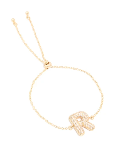 Gold Plated Cubic Zirconia Pave Bubble Letter R Toggle Bracelet