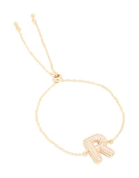Gold Plated Cubic Zirconia Pave Bubble Letter R Toggle Bracelet