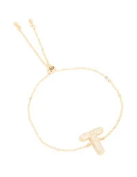 Gold Plated Cubic Zirconia Pave Bubble Letter T Toggle Bracelet