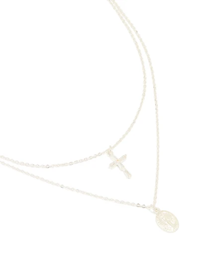 Silver Plated Cross & Mary Pendant Layered Necklace