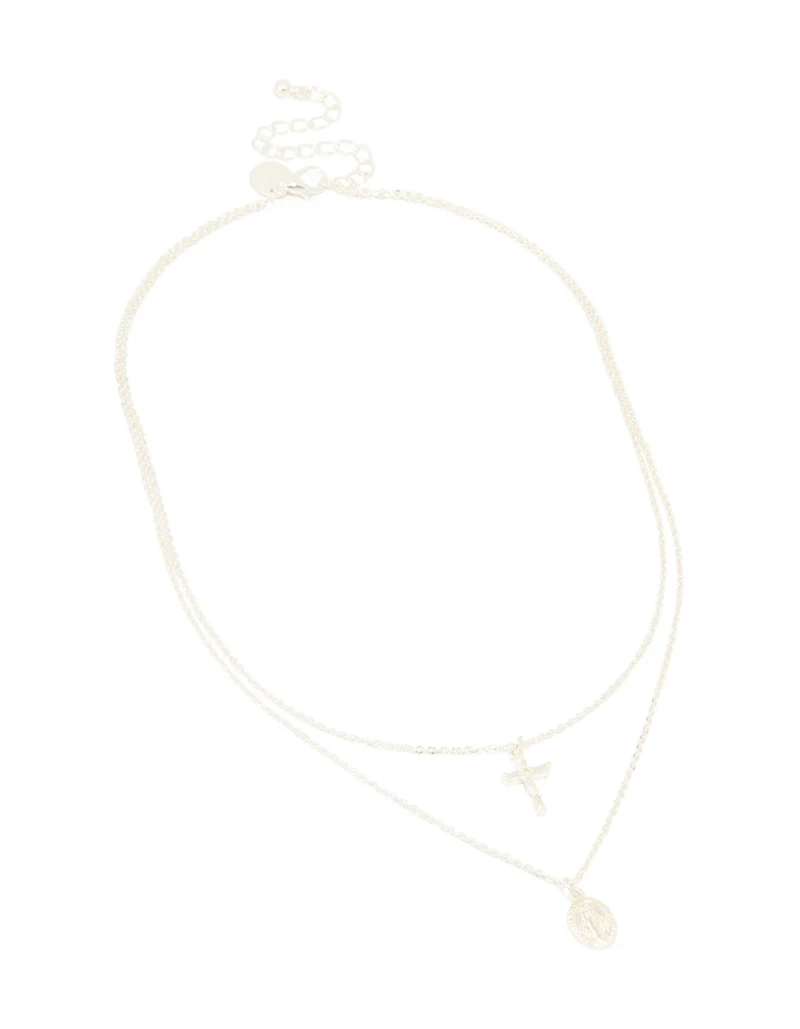 Silver Plated Cross & Mary Pendant Layered Necklace