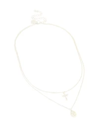 Silver Plated Cross & Mary Pendant Layered Necklace