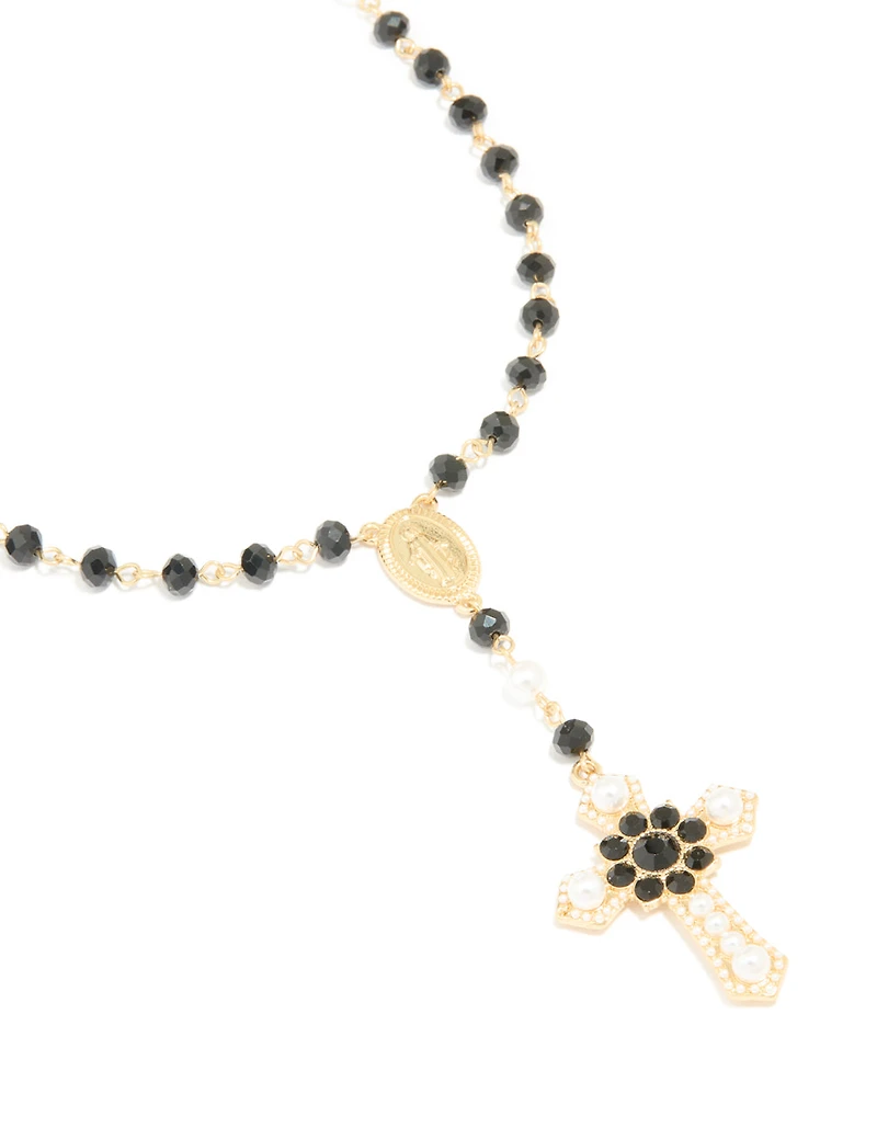 Gold Plated Black Pearl Rosary Necklace