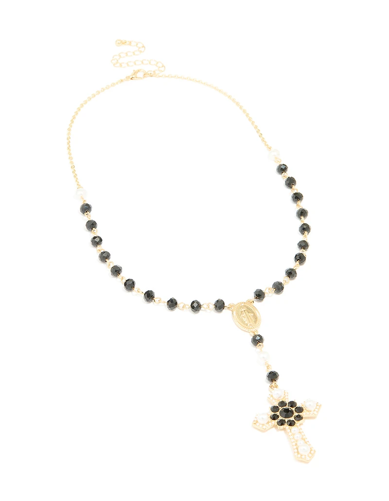Gold Plated Black Pearl Rosary Necklace