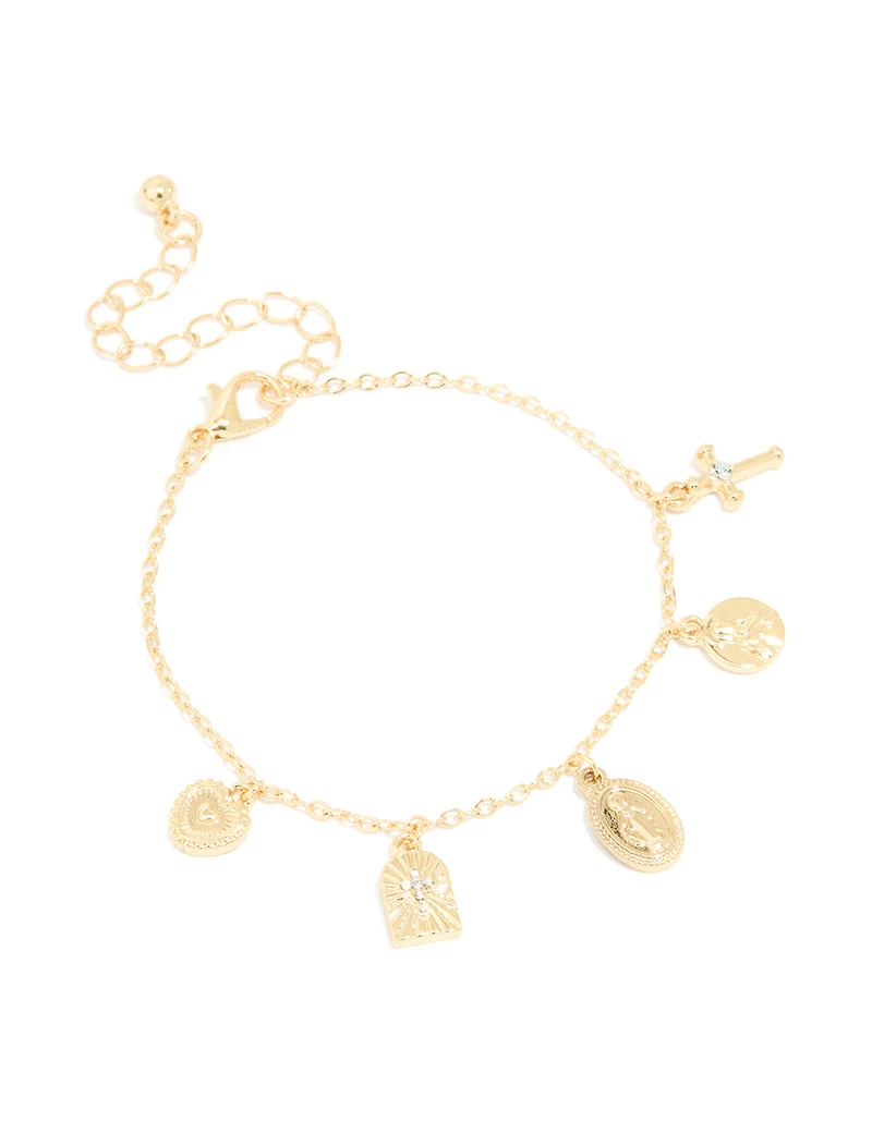 Gold Plated Oval Mary Cross Charm Bracelet