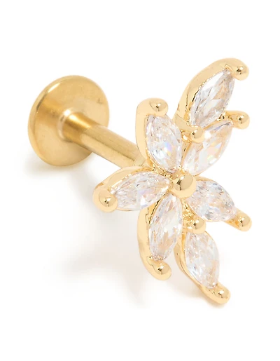 Gold Plated Surgical Steel Cubic Zirconia Flower Single Flat Back Stud