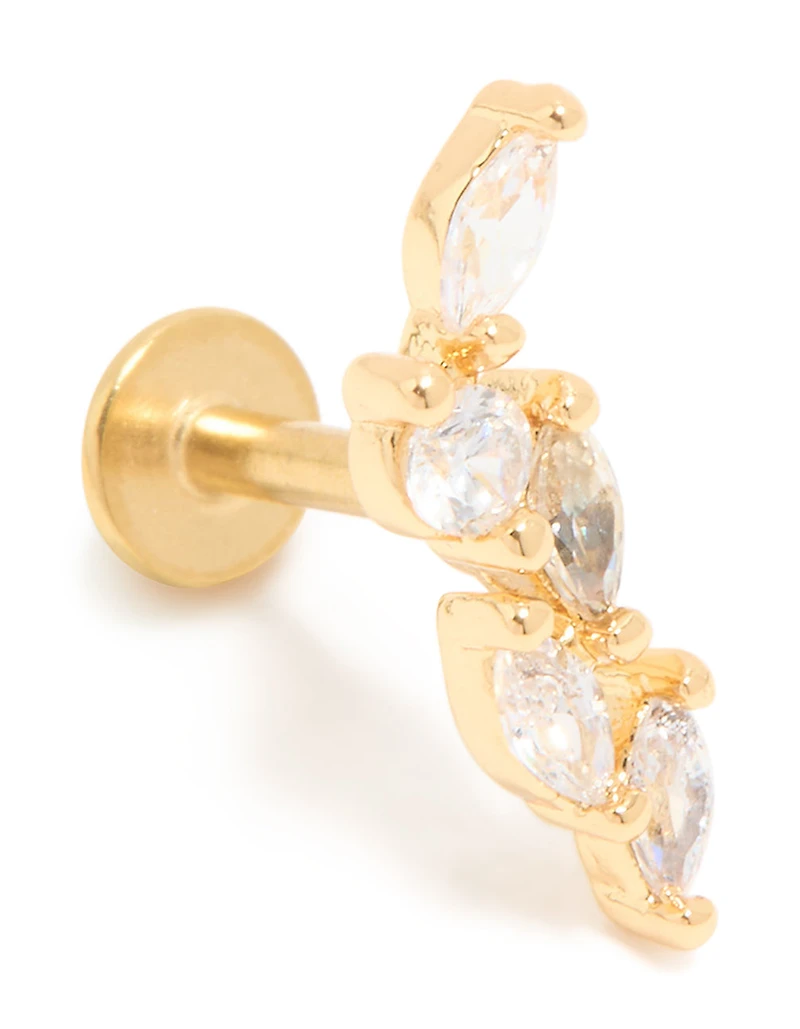 Gold Plated Surgical Steel Cubic Zirconia Medium Leaf Single Flat Back Stud