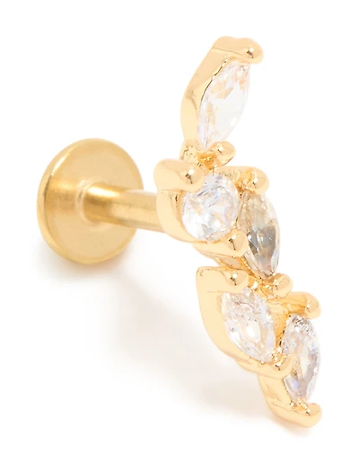 Gold Plated Surgical Steel Cubic Zirconia Medium Leaf Single Flat Back Stud