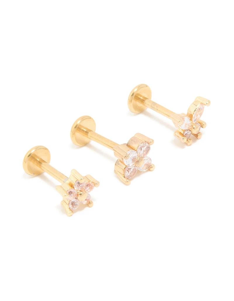 Gold Plated Surgical Steel Cubic Zirconia Floral Flat Back Studs 3-Pack