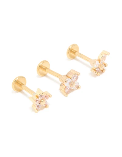 Gold Plated Surgical Steel Cubic Zirconia Floral Flat Back Studs 3-Pack