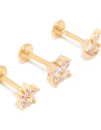 Gold Plated Surgical Steel Cubic Zirconia Floral Flat Back Studs 3-Pack