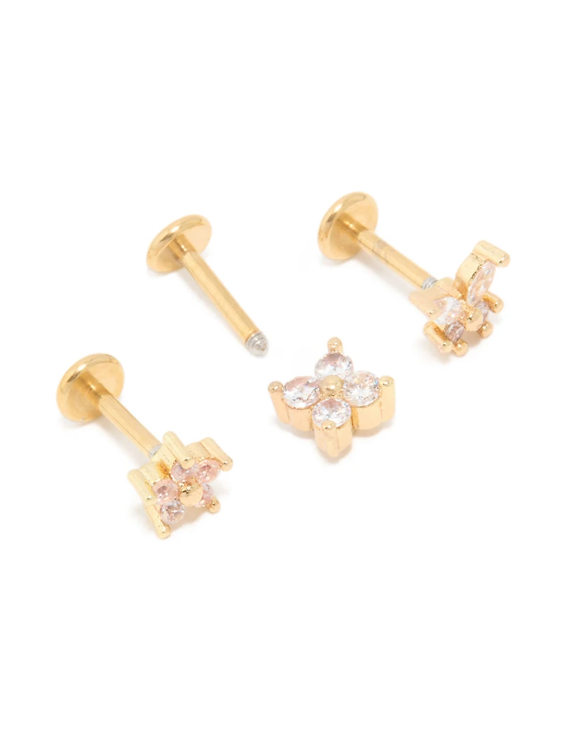 Gold Plated Surgical Steel Cubic Zirconia Floral Flat Back Studs 3-Pack