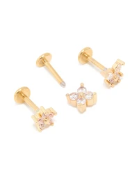 Gold Plated Surgical Steel Cubic Zirconia Floral Flat Back Studs 3-Pack