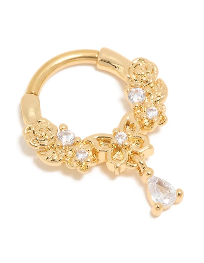 Gold Plated Surgical Steel Cubic Zirconia Floral Drop Clicker Ring