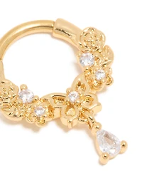 Gold Plated Surgical Steel Cubic Zirconia Floral Drop Clicker Ring
