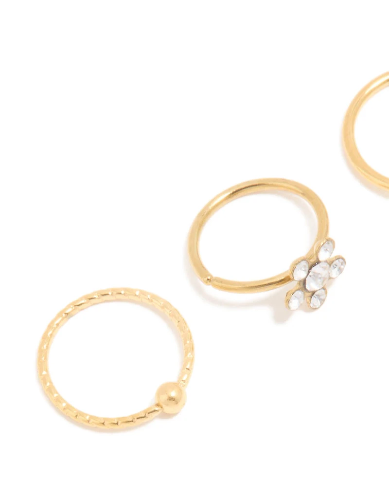 Gold Plated Titanium Cubic Zirconia Mixed Nose Rings 4-Pack