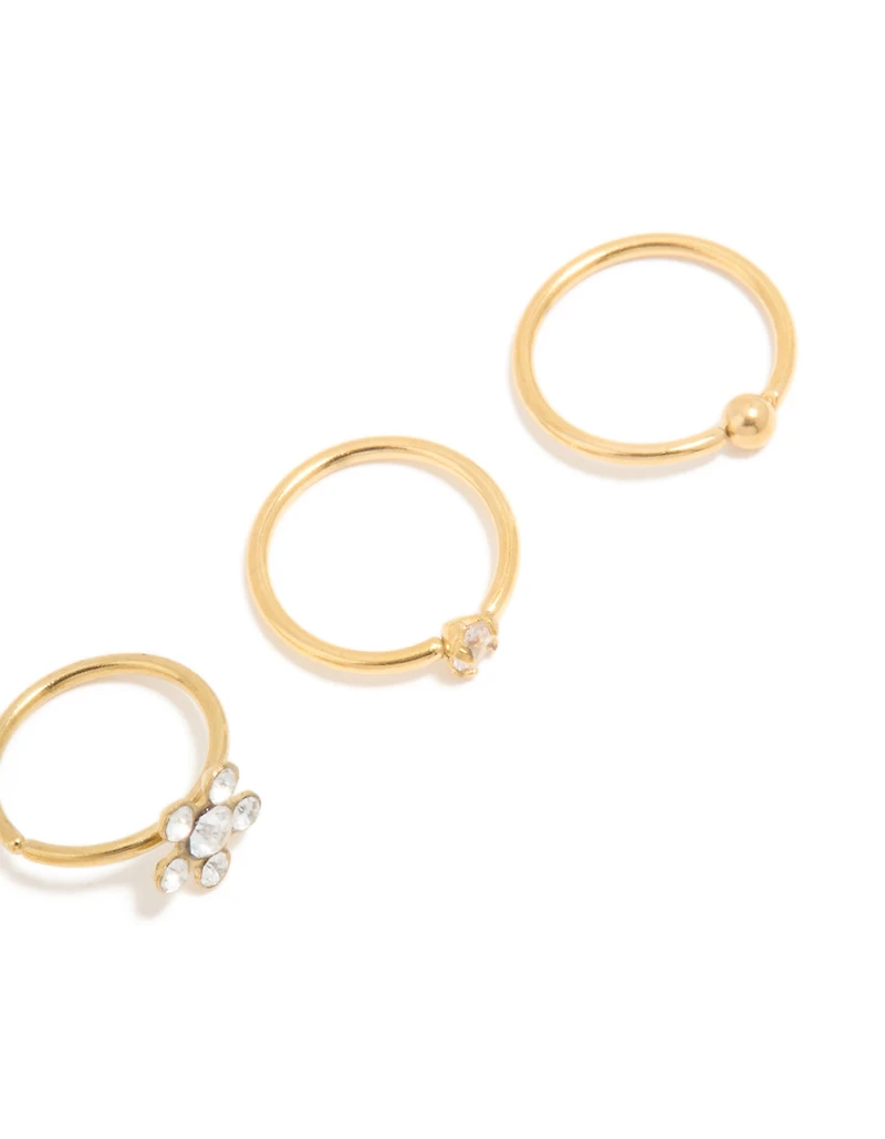 Gold Plated Titanium Cubic Zirconia Mixed Nose Rings 4-Pack