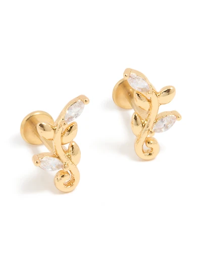 Gold Plated Titanium Cubic Zirconia Vine Flat Back Studs