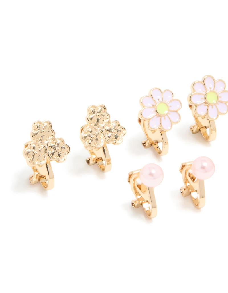 Kids Gold Pink Flower & Cat Outline Clip On Earrings 5-Pack