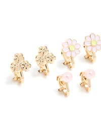 Kids Gold Pink Flower & Cat Outline Clip On Earrings 5-Pack