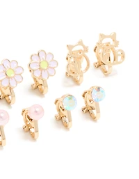 Kids Gold Pink Flower & Cat Outline Clip On Earrings 5-Pack