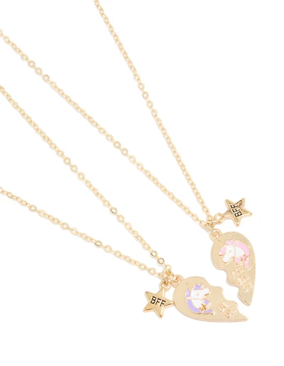 Kids Gold Unicorn BFF Heart Necklace Pack