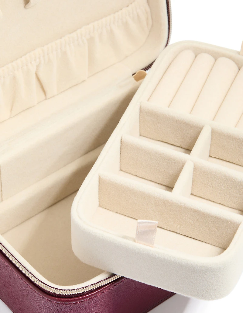 Boîte à bijoux rectangulaire en cuir PU bordeaux à couches