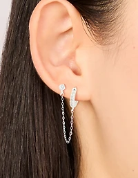 Sterling Silver Cubic Zirconia Chain Huggie & Stud Double Earring