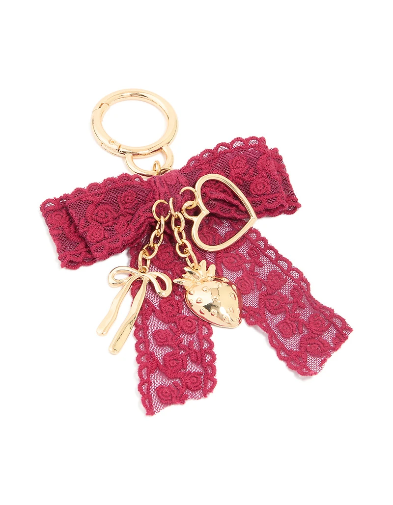 Red Lace Fabric Bow & Hearts Key Chain