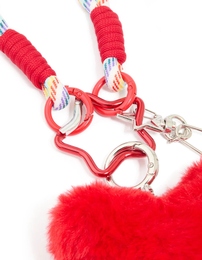 White & Rainbow Rope Red Fluffy Heart Key Chain