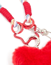 White & Rainbow Rope Red Fluffy Heart Key Chain