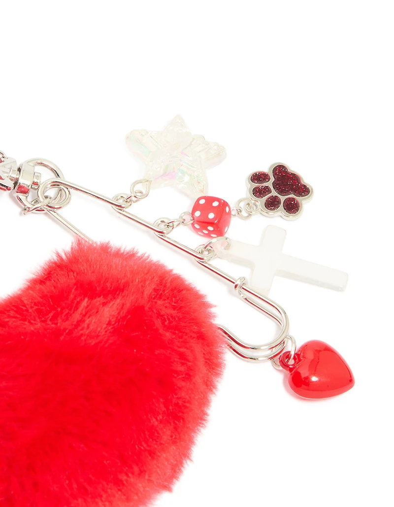 White & Rainbow Rope Red Fluffy Heart Key Chain