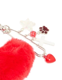 White & Rainbow Rope Red Fluffy Heart Key Chain