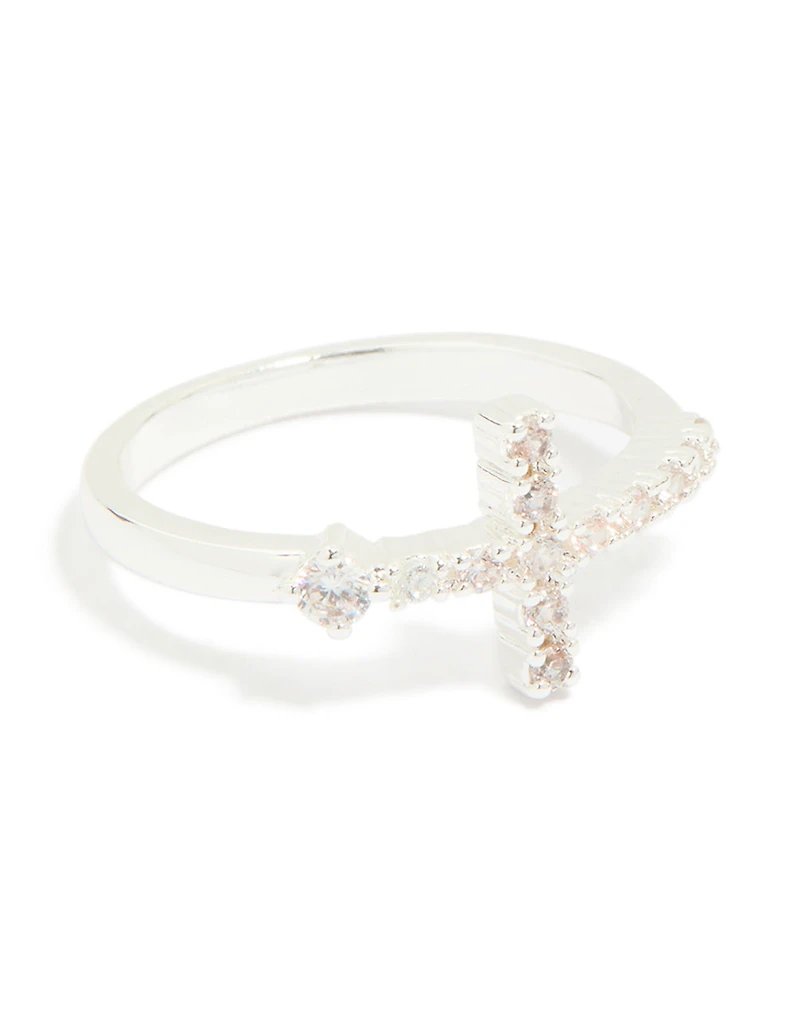 Silver Plated Cubic Zirconia Simple Side Cross Ring