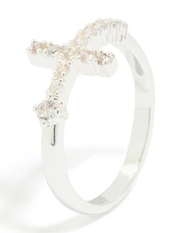 Silver Plated Cubic Zirconia Simple Side Cross Ring